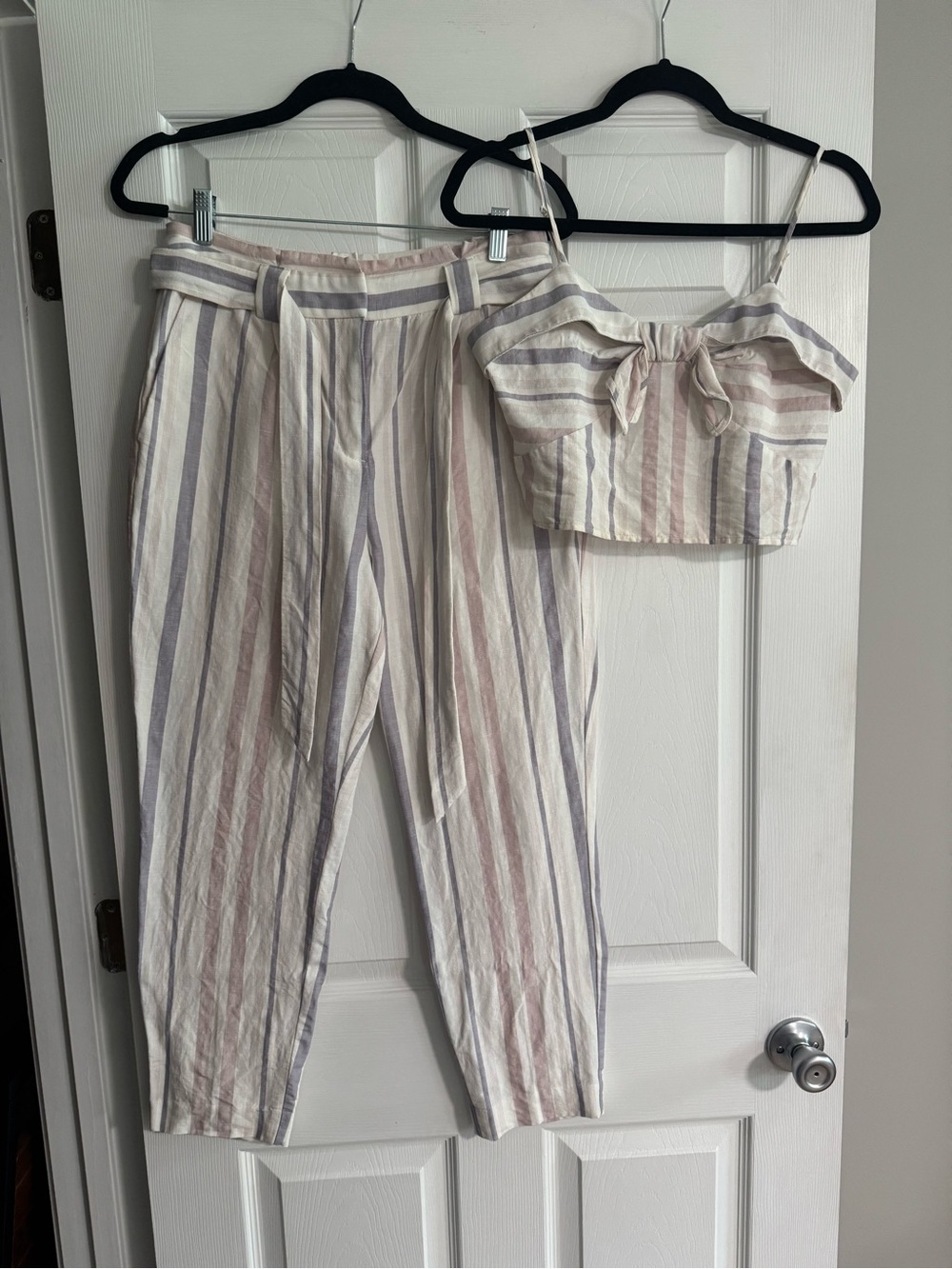 Express Linen Blend Striped Matching Set Crop Top (M) High Rise Ankle Pants (8R)